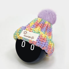 This beanie is knitted from a mixture of different colored yarns, and the color is looks like candy.